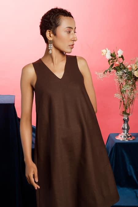 Buy_Couché By Anandini_Brown Crepe Lana Stretch Plain V Neck Sleeveless Midi Dress _Online_at_Aza_Fashions
