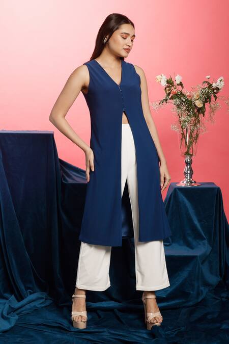 Couché By Anandini_Blue Punto Plain V Neck Front Slit Top And Pant Set  _Online_at_Aza_Fashions