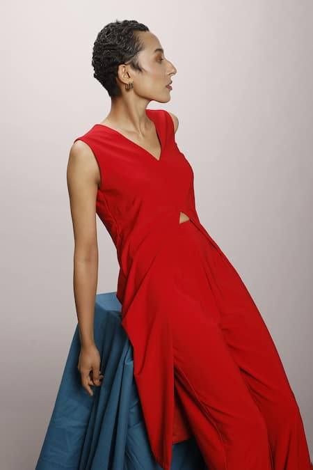 Couché By Anandini_Red Punto Plain V Neck Longline Top And Pant Set  _Online_at_Aza_Fashions