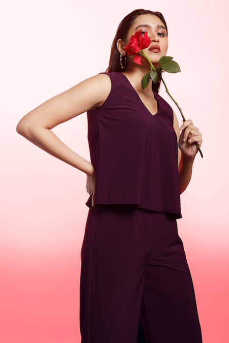 Couché By Anandini_Purple Punto Plain V Neck Flared Top And Pant Set _Online_at_Aza_Fashions