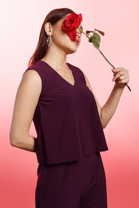 Buy_Couché By Anandini_Purple Punto Plain V Neck Flared Top And Pant Set _Online_at_Aza_Fashions