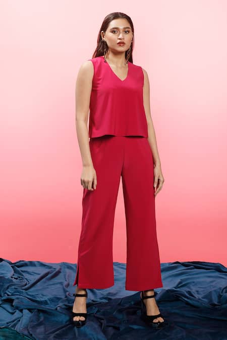 Couché By Anandini Pink Punto Plain V Neck Top And Pant Set 