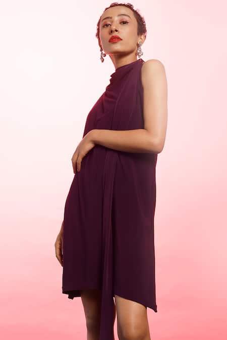 Buy_Couché By Anandini_Purple Punto Plain Cowl Neck Sleeveless Dress _Online_at_Aza_Fashions
