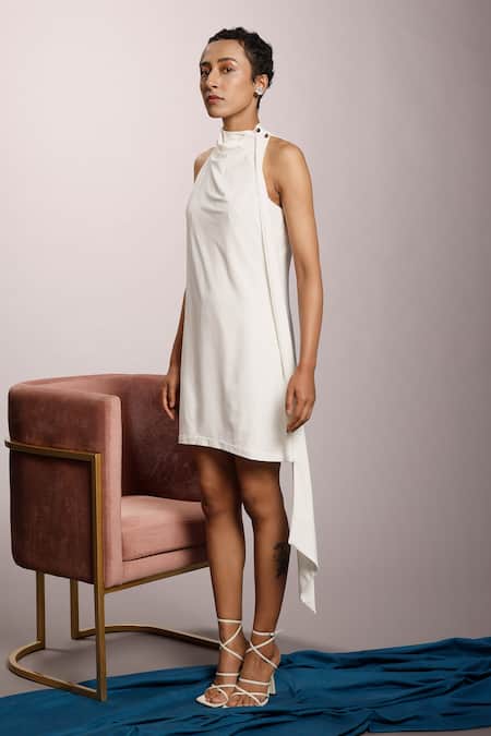 Shop_Couché By Anandini_White Punto Plain Cowl Neck Sleeveless Dress _at_Aza_Fashions