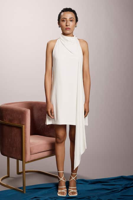 Buy_Couché By Anandini_White Punto Plain Cowl Neck Sleeveless Dress _Online_at_Aza_Fashions
