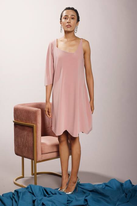Couché By Anandini_Pink Punto Plain Asymmetric Sleeve Dress _Online_at_Aza_Fashions