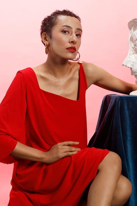 Couché By Anandini_Red Punto Plain Asymmetric Neck Dress _Online_at_Aza_Fashions