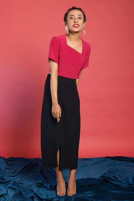 Couché By Anandini_Black Punto Plain Asymmetric Neck Top And Skirt Set _Online_at_Aza_Fashions