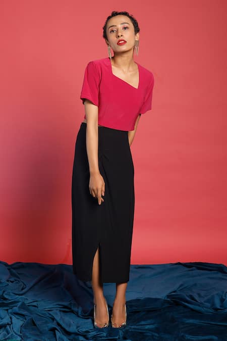 Buy_Couché By Anandini_Black Punto Plain Asymmetric Neck Top And Skirt Set _Online_at_Aza_Fashions