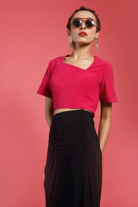 Couché By Anandini_Black Punto Plain Asymmetric Neck Top And Skirt Set _at_Aza_Fashions