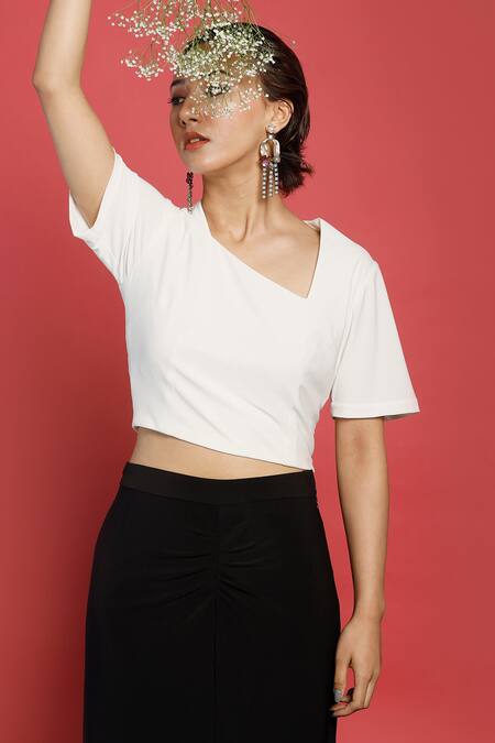Buy_Couché By Anandini_White Punto Plain Asymmetric Neck Top And Skirt Set _Online_at_Aza_Fashions