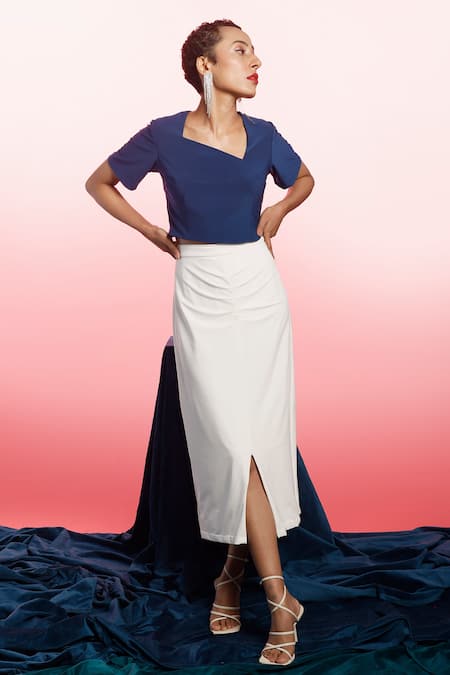 Buy Blue Punto Plain Asymmetric Front Slit Skirt Set For Women by Couche  Online at Aza Fashions.
