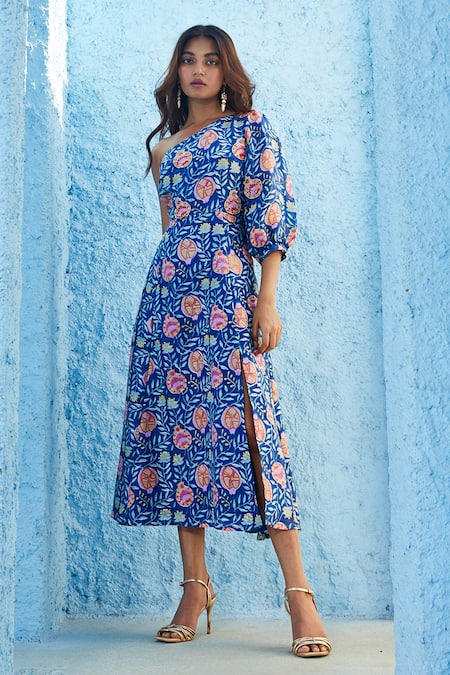 Buy_Jodi_Blue Satin Silk Floral Motifs Zenia Print Slit Dress _Online_at_Aza_Fashions