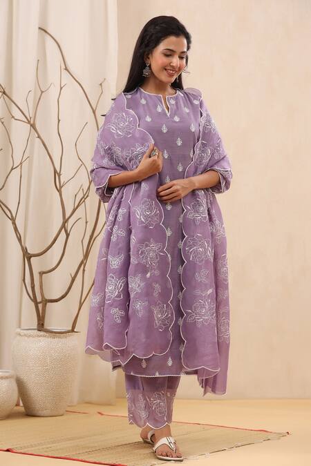 Kameez_Purple Cotton, Organza, Chanderi Floral Motifs Notched Opera Print Kurta Set _Online_at_Aza_Fashions