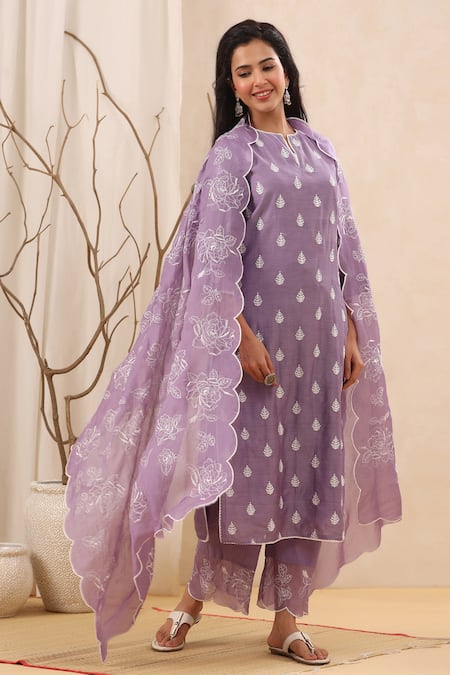 Shop_Kameez_Purple Cotton, Organza, Chanderi Floral Motifs Notched Opera Print Kurta Set _Online_at_Aza_Fashions