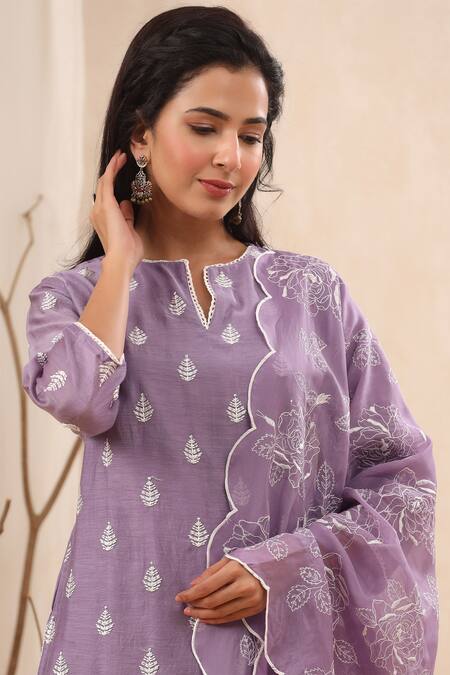 Kameez_Purple Cotton, Organza, Chanderi Floral Motifs Notched Opera Print Kurta Set _at_Aza_Fashions