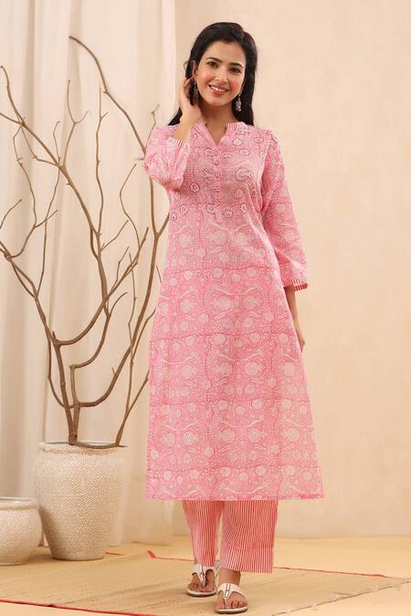Shop_Kameez_Pink Cotton, Kota Doriya Floral Motifs Mandarin Collar Print Kurta Set_Online_at_Aza_Fashions
