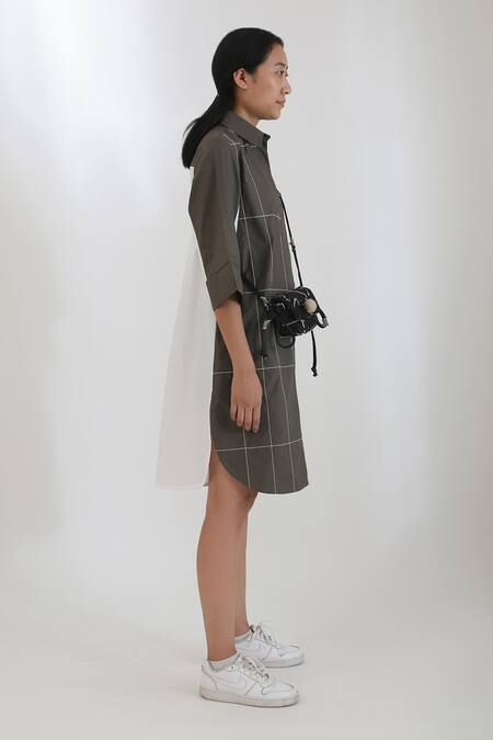 Buy_Leh Studios_Green Cotton Poplin Thread Work Straight Broken Fence Colourblock Shirt Dress_Online_at_Aza_Fashions