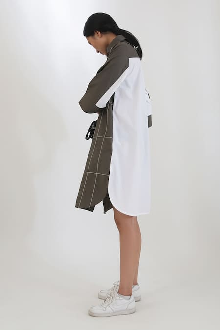 Shop_Leh Studios_Green Cotton Poplin Thread Work Straight Broken Fence Colourblock Shirt Dress_Online_at_Aza_Fashions