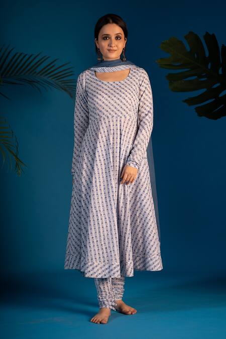 Pants And Pajamas_Blue Cotton Zohra Block Print Anarkali Churidar Set_Online_at_Aza_Fashions