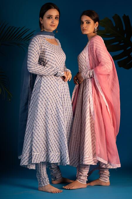 Buy_Pants And Pajamas_Blue Cotton Zohra Block Print Anarkali Churidar Set_Online_at_Aza_Fashions