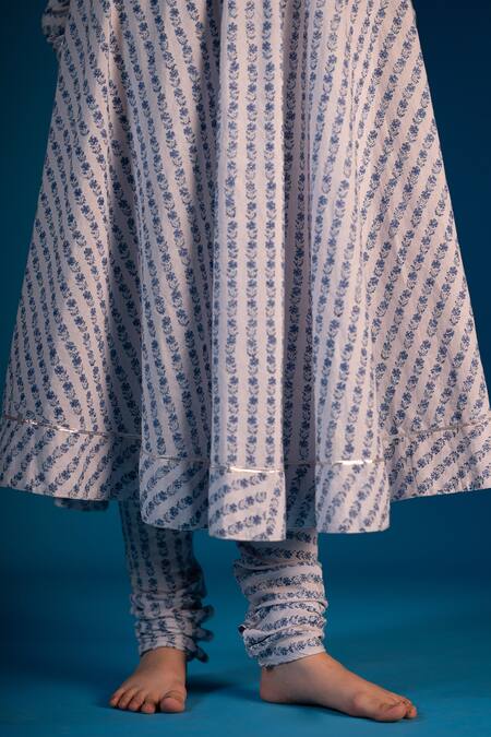 Shop_Pants And Pajamas_Blue Cotton Zohra Block Print Anarkali Churidar Set_Online_at_Aza_Fashions