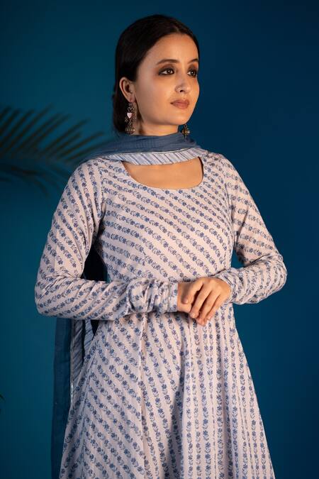 Pants And Pajamas_Blue Cotton Zohra Block Print Anarkali Churidar Set_at_Aza_Fashions