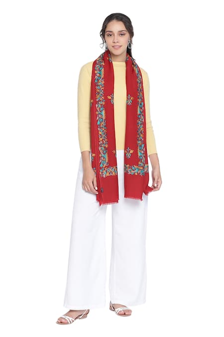 Shop Shingora Maroon Embroidered Floral Shawl at Aza Fashions Shop_Shingora_Maroon Embroidered Floral Shawl _at_Aza_Fashions