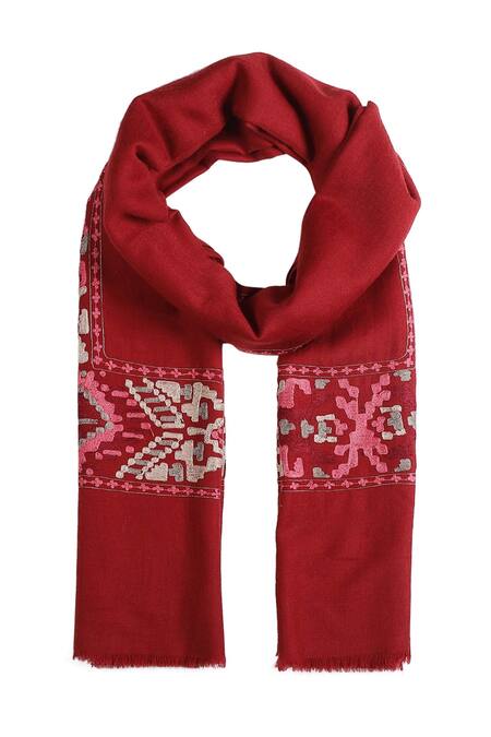 Shingora_Maroon Embroidered Woollen Geometric Shawl _Online_at_Aza_Fashions