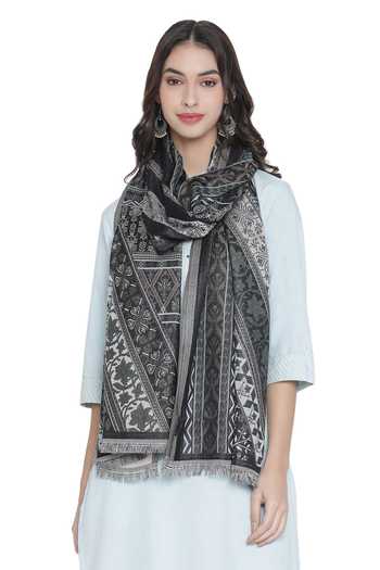 Shingora_Black Woven Jacquard Floral Stole _Online_at_Aza_Fashions