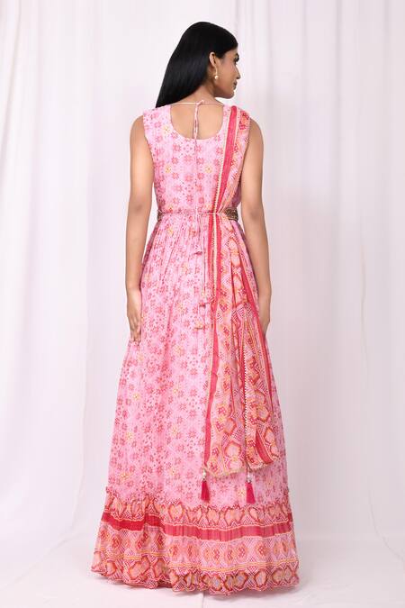 Shop Samyukta Singhania Pink Cotton, Silk Embroidery, Tassels Geometric Print Anarkali With Dupatta at Aza Fashions Shop_Samyukta Singhania_Pink Cotton, Silk Embroidery, Tassels Geometric Print Anarkali With Dupatta_at_Aza_Fashions