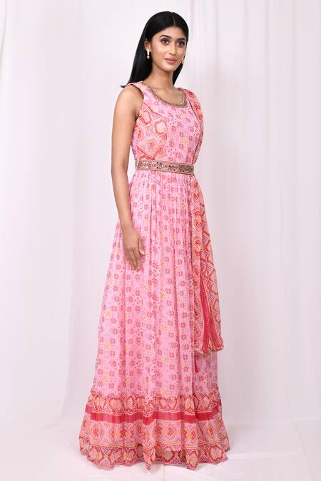 Samyukta Singhania Pink Cotton, Silk Embroidery, Tassels Geometric Print Anarkali With Dupatta Online at Aza Fashions Samyukta Singhania_Pink Cotton, Silk Embroidery, Tassels Geometric Print Anarkali With Dupatta_Online_at_Aza_Fashions