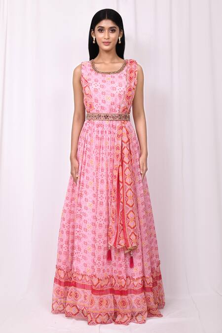Shop Samyukta Singhania Pink Cotton, Silk Embroidery, Tassels Geometric Print Anarkali With Dupatta Online at Aza Fashions Shop_Samyukta Singhania_Pink Cotton, Silk Embroidery, Tassels Geometric Print Anarkali With Dupatta_Online_at_Aza_Fashions