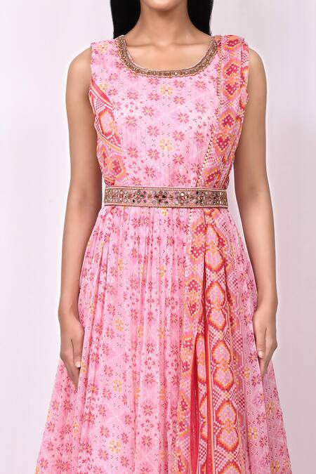 Samyukta Singhania Pink Cotton, Silk Embroidery, Tassels Geometric Print Anarkali With Dupatta at Aza Fashions Samyukta Singhania_Pink Cotton, Silk Embroidery, Tassels Geometric Print Anarkali With Dupatta_at_Aza_Fashions