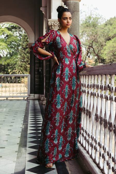 Jodi Red Mulberry Silk Bead Work, Block Print V Neck Samode Hand Wrap Gown Online at Aza Fashions Jodi_Red Mulberry Silk Bead Work, Block Print V Neck Samode Hand Wrap Gown_Online_at_Aza_Fashions