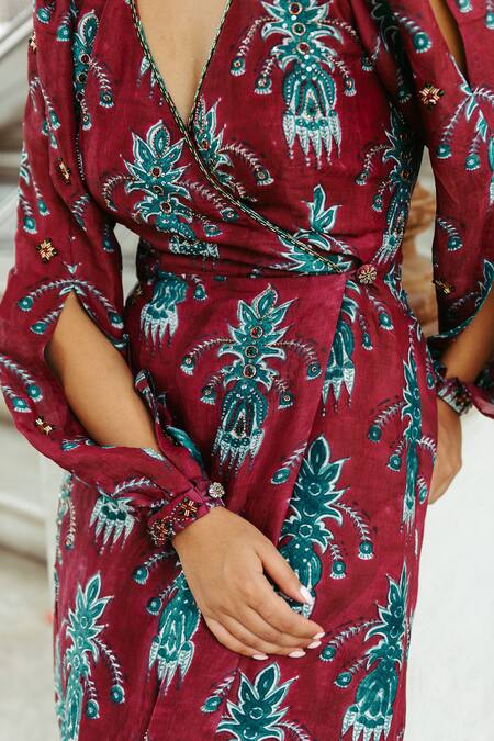 Shop Jodi Red Mulberry Silk Bead Work, Block Print V Neck Samode Hand Wrap Gown Online at Aza Fashions Shop_Jodi_Red Mulberry Silk Bead Work, Block Print V Neck Samode Hand Wrap Gown_Online_at_Aza_Fashions