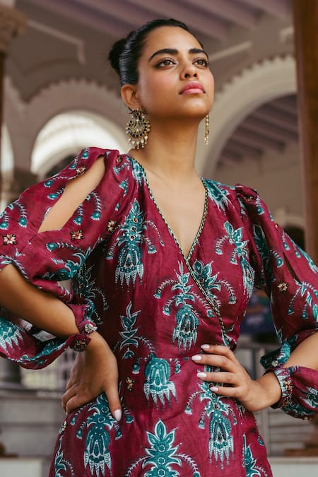 Jodi Red Mulberry Silk Bead Work, Block Print V Neck Samode Hand Wrap Gown at Aza Fashions Jodi_Red Mulberry Silk Bead Work, Block Print V Neck Samode Hand Wrap Gown_at_Aza_Fashions