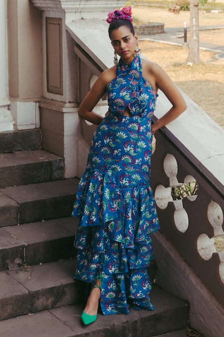Jodi Blue Mulberry Silk Bead Work, Block Print V Neck Amer Hand Halter Dress