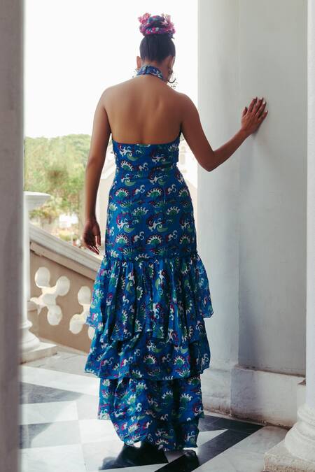 Shop Jodi Blue Mulberry Silk Bead Work, Block Print V Neck Amer Hand Halter Dress at Aza Fashions Shop_Jodi_Blue Mulberry Silk Bead Work, Block Print V Neck Amer Hand Halter Dress_at_Aza_Fashions