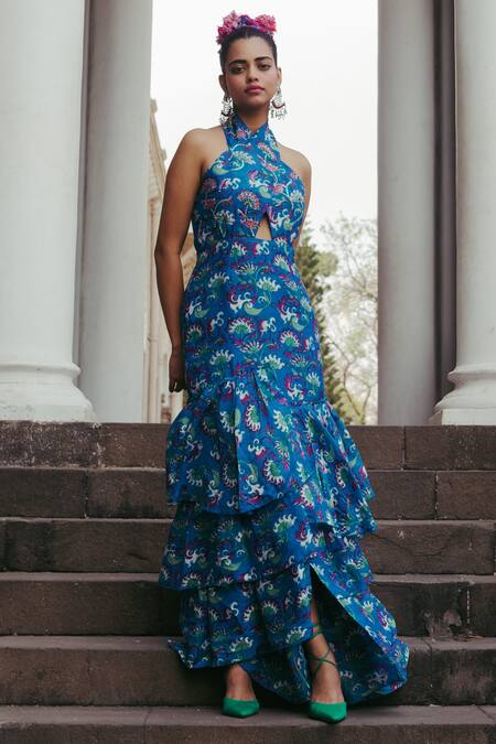 Jodi Blue Mulberry Silk Bead Work, Block Print V Neck Amer Hand Halter Dress Online at Aza Fashions Jodi_Blue Mulberry Silk Bead Work, Block Print V Neck Amer Hand Halter Dress_Online_at_Aza_Fashions