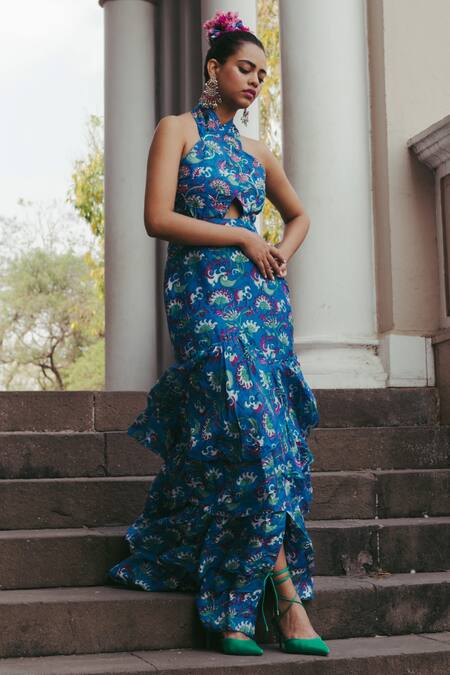 Buy Jodi Blue Mulberry Silk Bead Work, Block Print V Neck Amer Hand Halter Dress Online at Aza Fashions Buy_Jodi_Blue Mulberry Silk Bead Work, Block Print V Neck Amer Hand Halter Dress_Online_at_Aza_Fashions