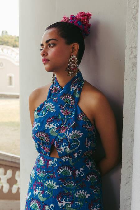 Jodi Blue Mulberry Silk Bead Work, Block Print V Neck Amer Hand Halter Dress at Aza Fashions Jodi_Blue Mulberry Silk Bead Work, Block Print V Neck Amer Hand Halter Dress_at_Aza_Fashions