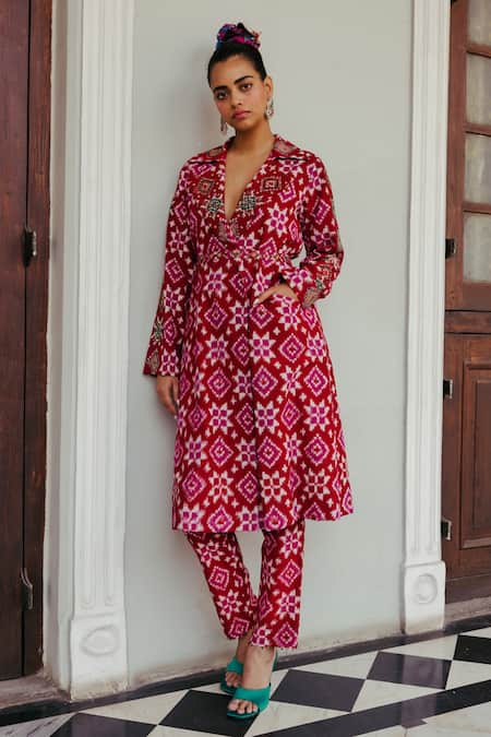 Jodi_Red Cotton Silk Bead Work, Block Print, Ahilya Trench Jacket And Pant Set_Online_at_Aza_Fashions