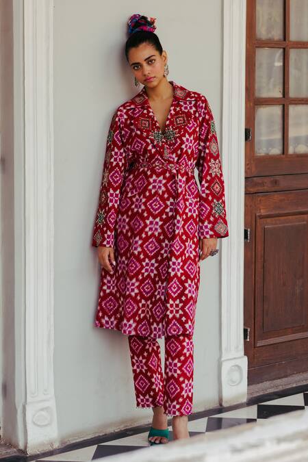 Buy_Jodi_Red Cotton Silk Bead Work, Block Print, Ahilya Trench Jacket And Pant Set_Online_at_Aza_Fashions