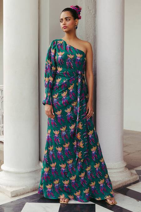Jodi Green Satin Silk Bead Work, Block Print, Sequins One Shoulder Mahbub Gown Online at Aza Fashions Jodi_Green Satin Silk Bead Work, Block Print, Sequins One Shoulder Mahbub Gown_Online_at_Aza_Fashions
