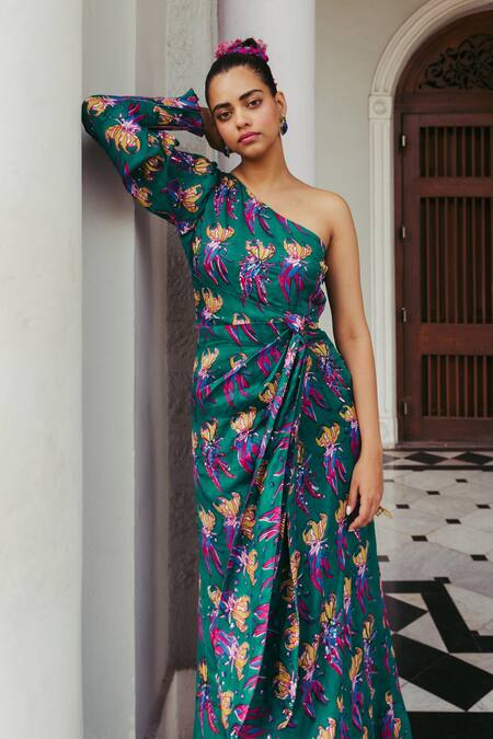 Buy Jodi Green Satin Silk Bead Work, Block Print, Sequins One Shoulder Mahbub Gown Online at Aza Fashions Buy_Jodi_Green Satin Silk Bead Work, Block Print, Sequins One Shoulder Mahbub Gown_Online_at_Aza_Fashions