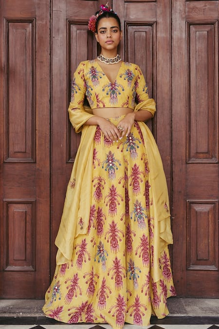 Jodi Yellow Silk Bead Work, Block Print, Sequins V Neck Sariska Blouse