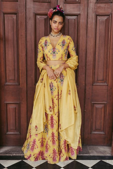 Jodi_Yellow Silk Bead Work, Block Print, Sequins V Neck Sariska Blouse_Online_at_Aza_Fashions