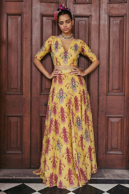 Shop_Jodi_Yellow Silk Bead Work, Block Print, Sequins Sariska Lehenga _Online_at_Aza_Fashions
