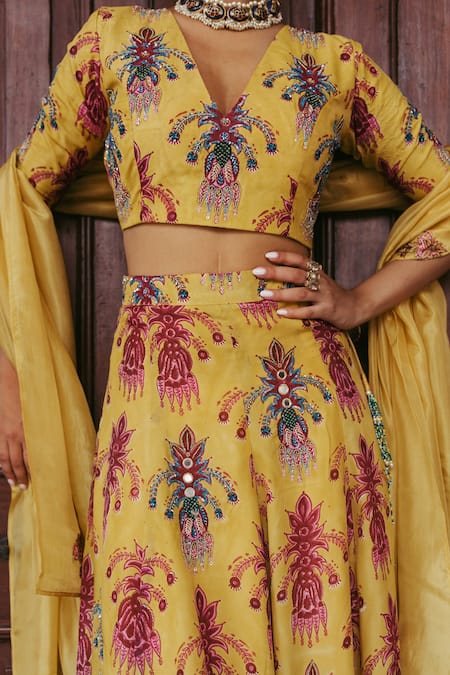 Jodi_Yellow Silk Bead Work, Block Print, Sequins Sariska Lehenga _at_Aza_Fashions